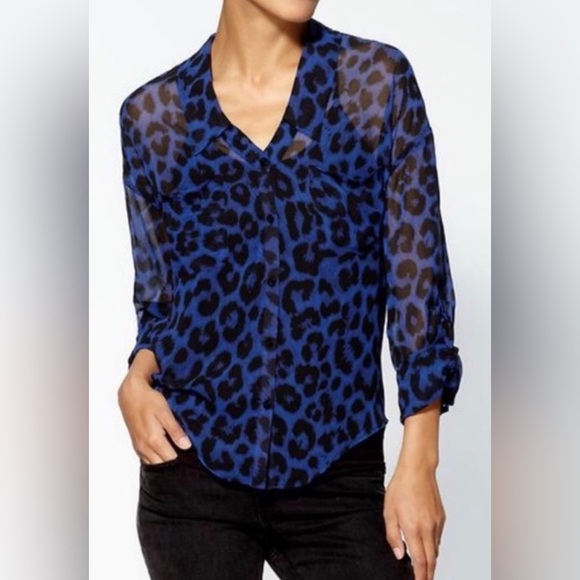 Free People Hi-Lo Sheer Blue Cheetah Print Blouse – Size Medium - Picture 1 of 5